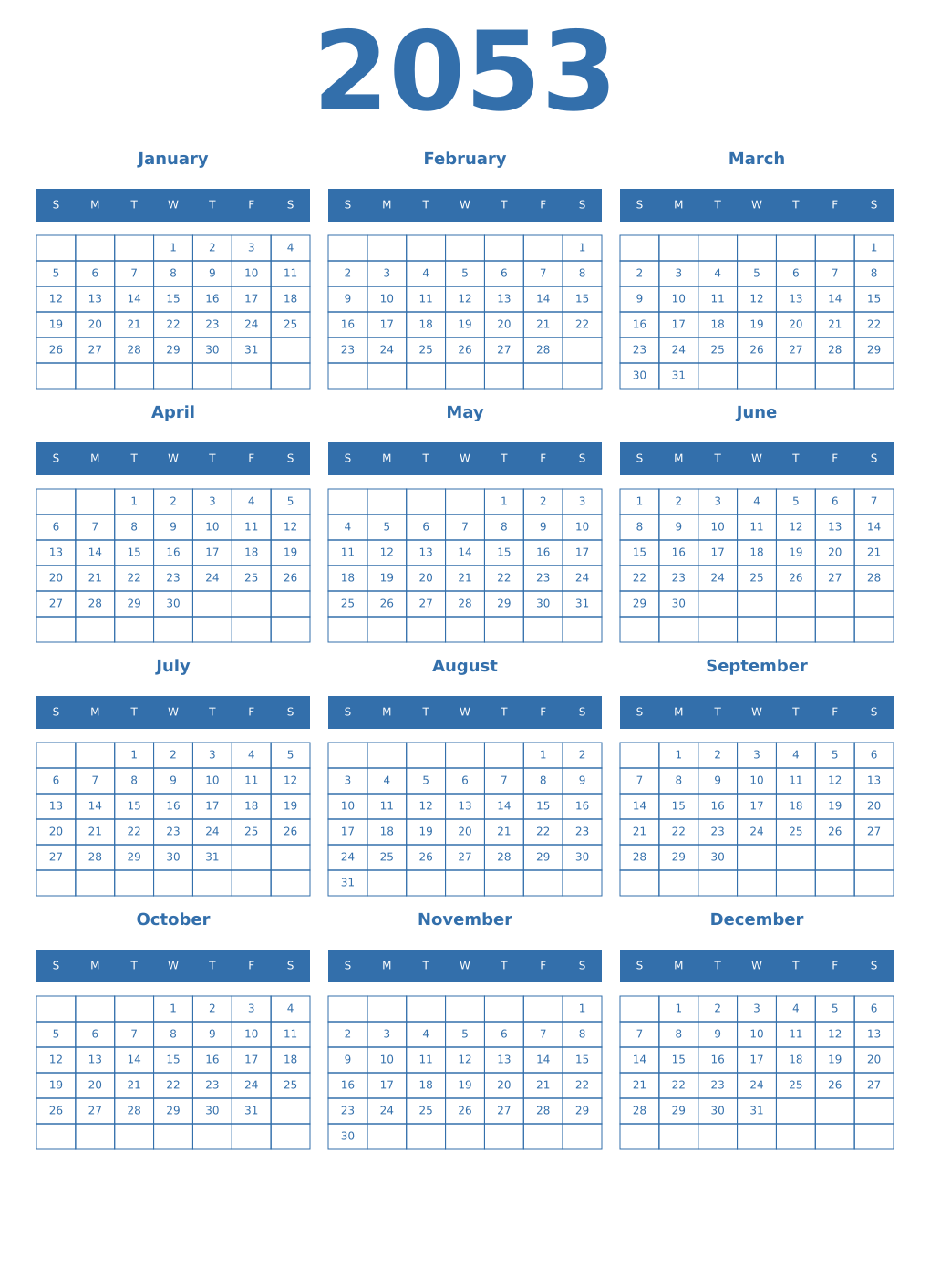 Printable 2053 Year Calendars blue