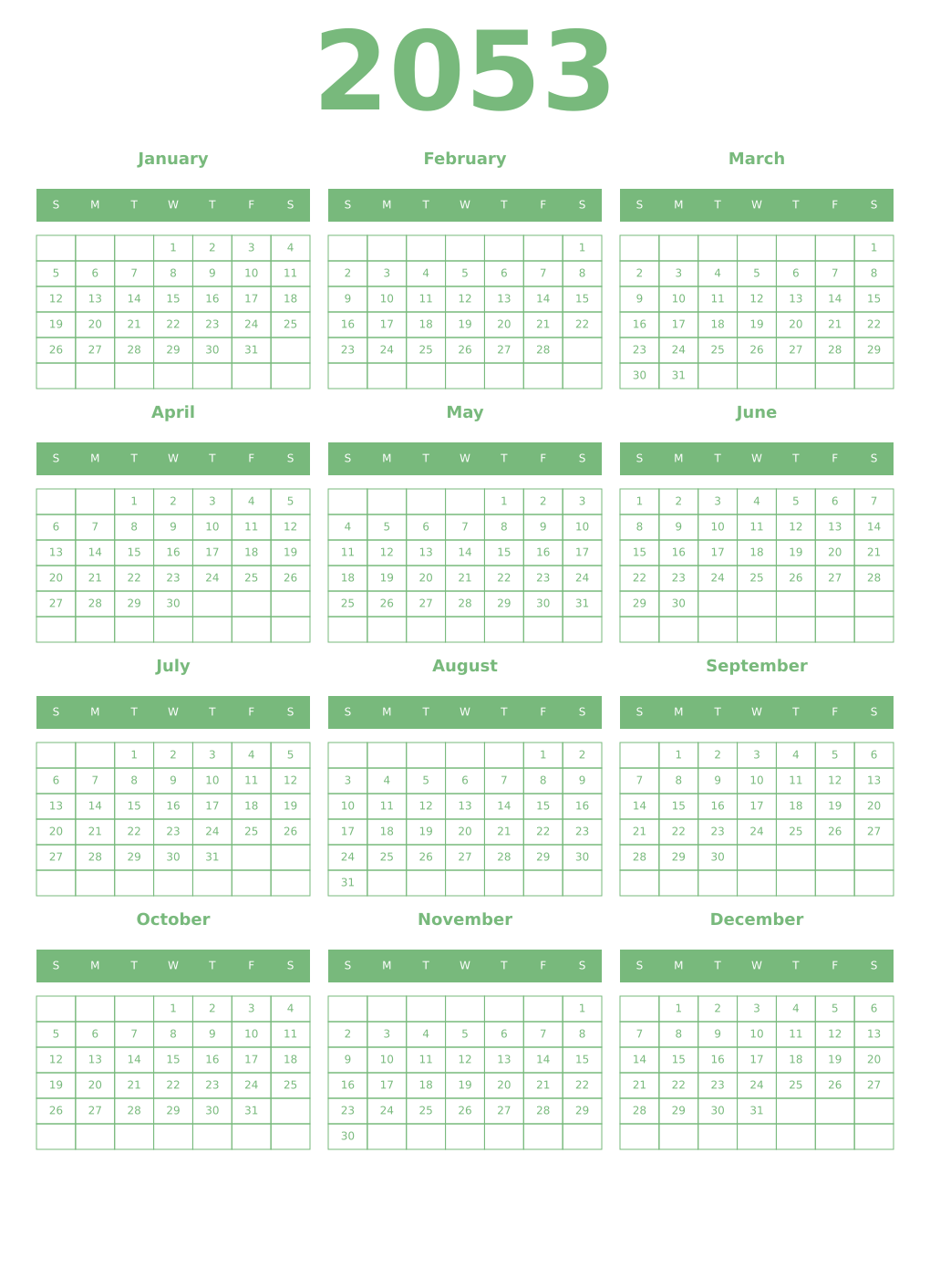 Printable 2053 Year Calendars celadon
