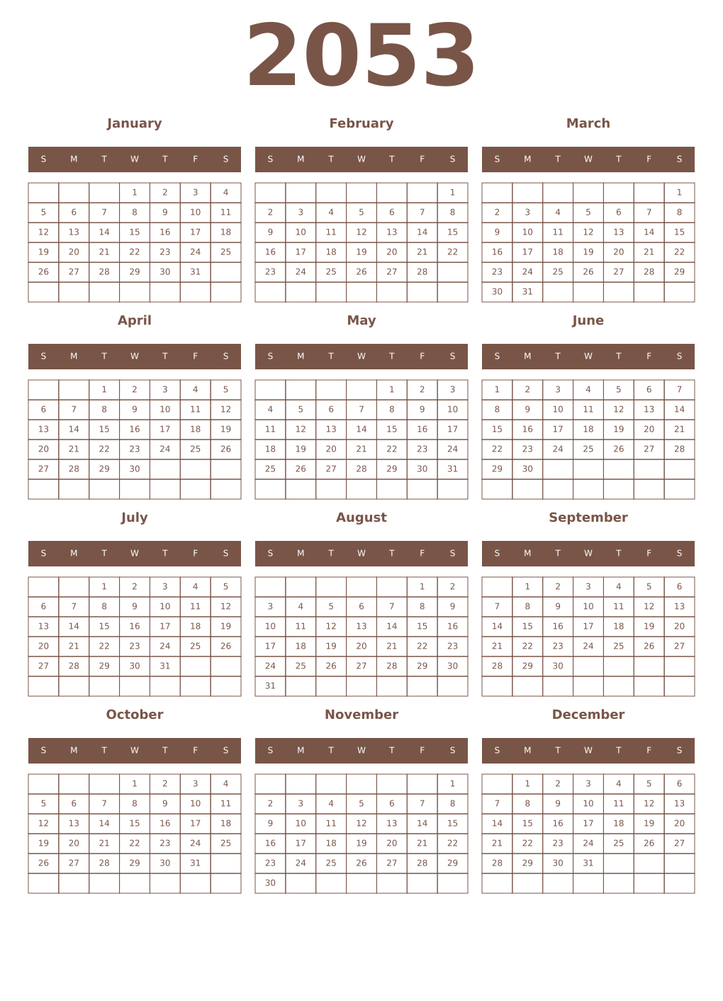 Printable 2053 Year Calendars coffe