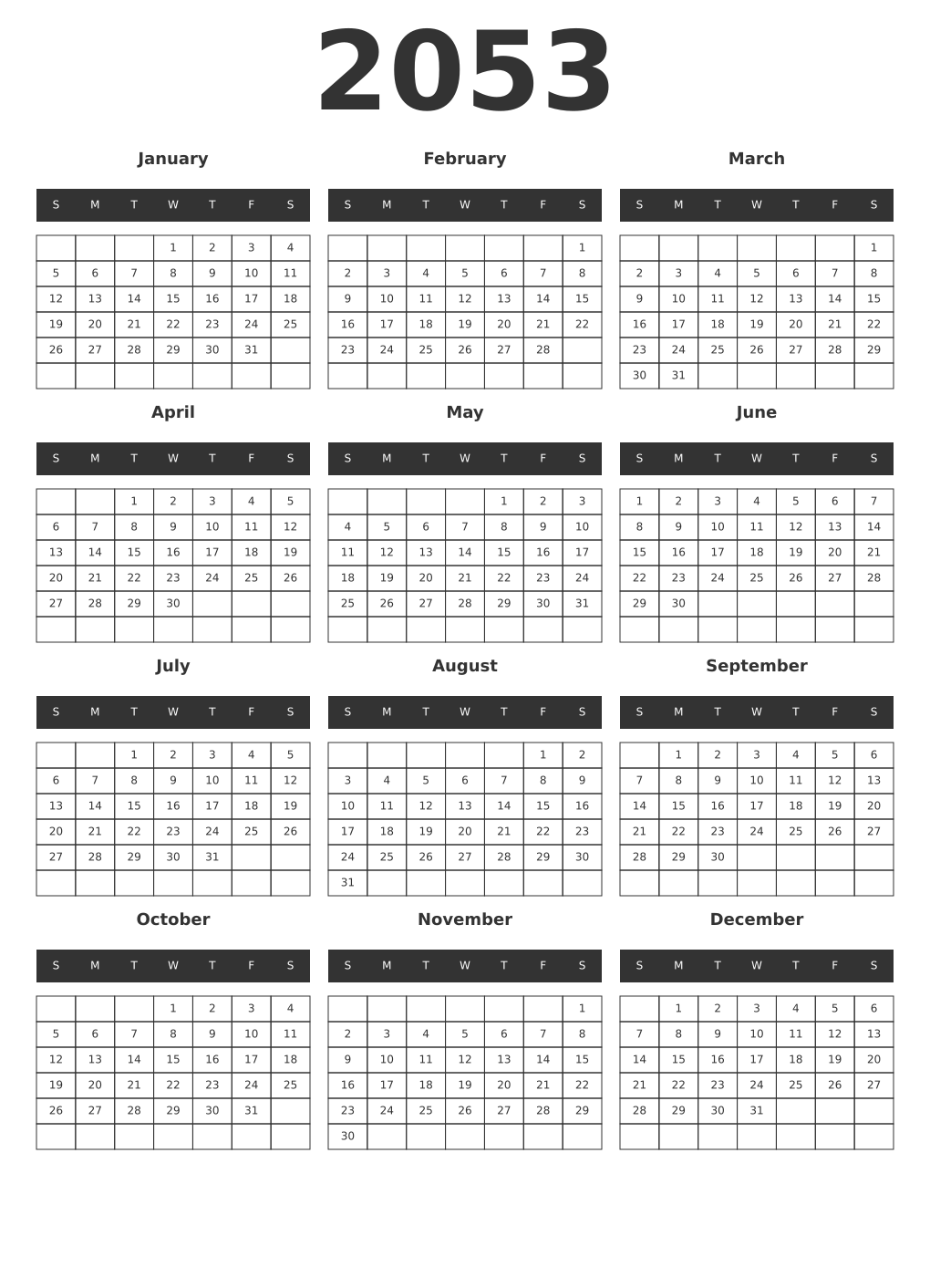 Printable 2053 Year Calendars dark