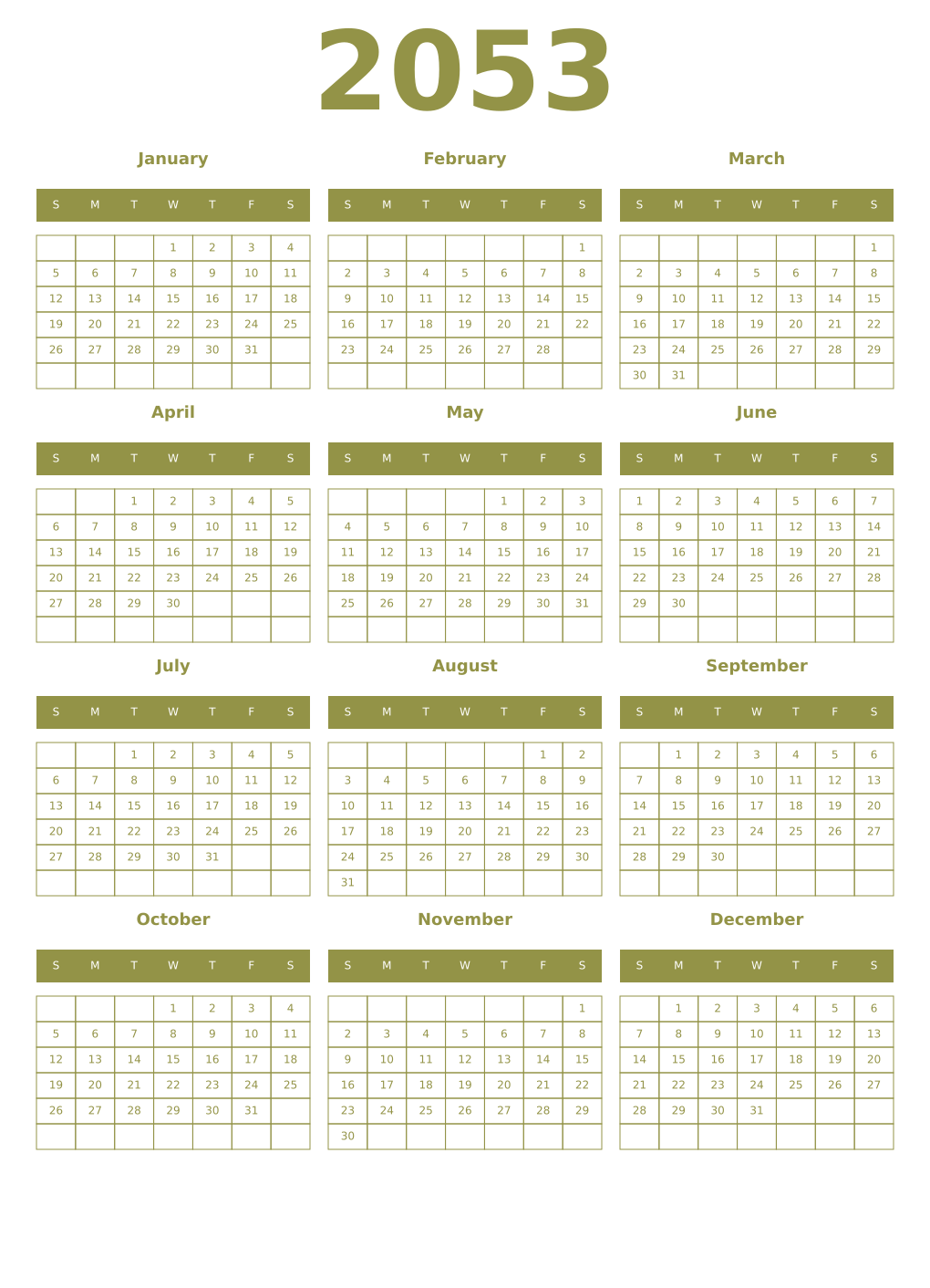 Printable 2053 Year Calendars eburnean