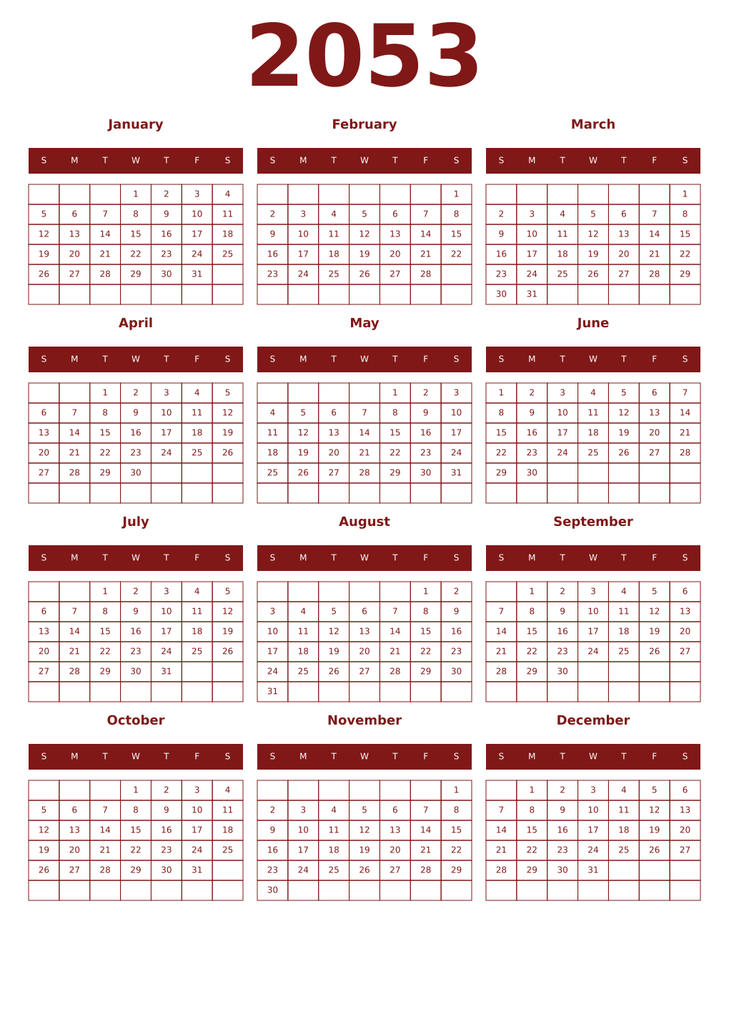 Printable 2053 Year Calendars falu