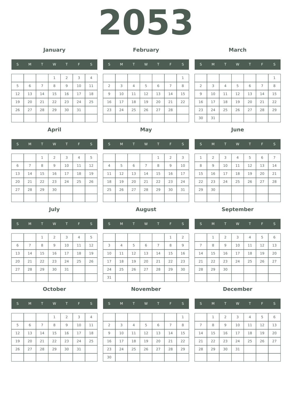Printable 2053 Year Calendars feldgrau