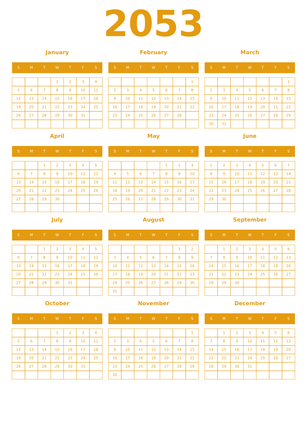 Printable 2053 Year Calendars gamboge