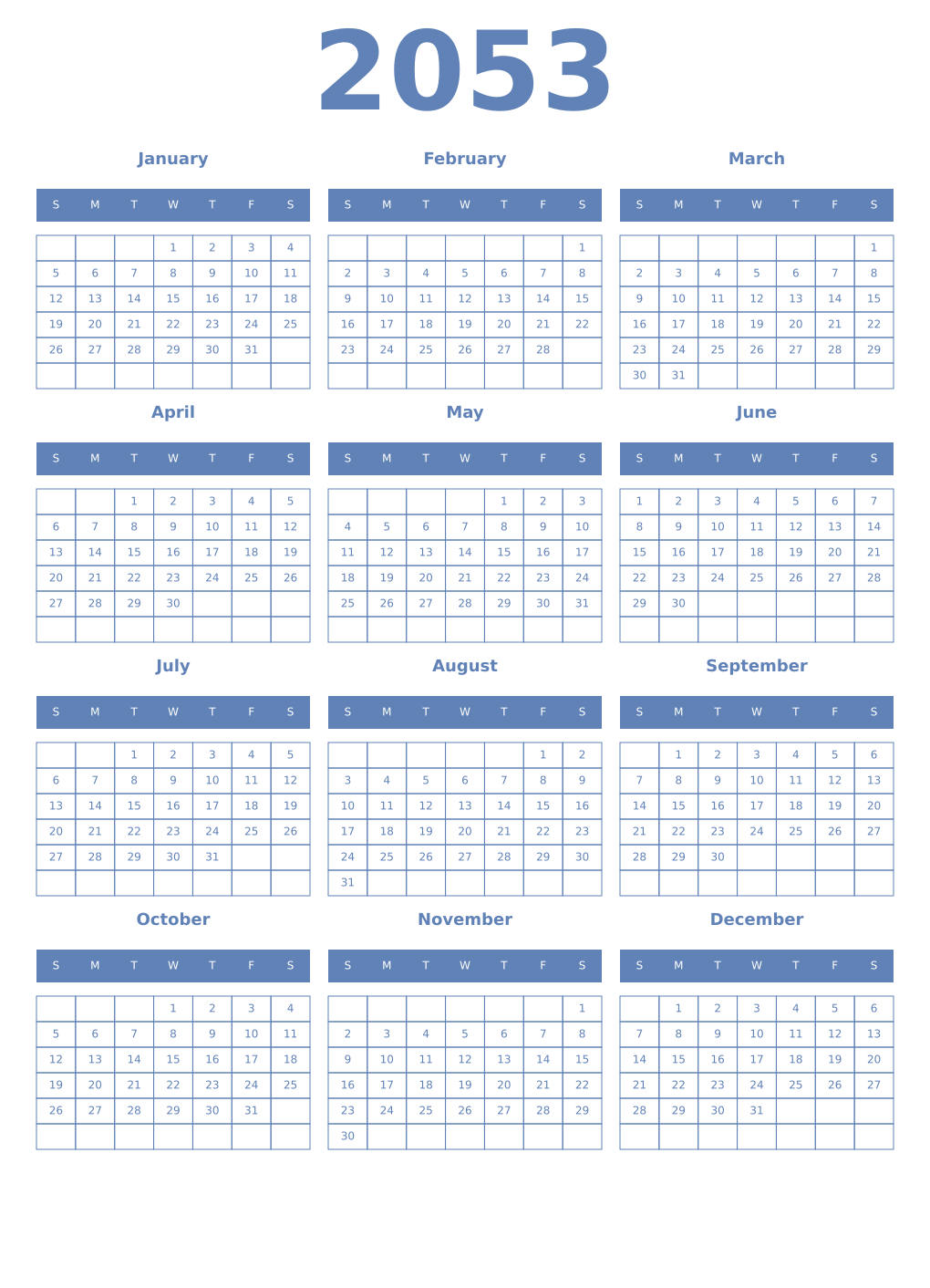 Printable 2053 Year Calendars glaucous