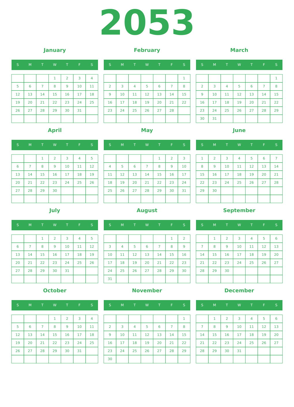 Printable 2053 Year Calendars green