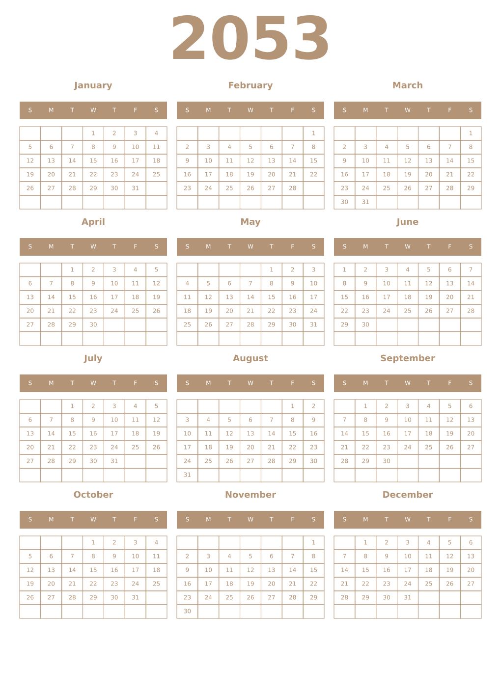 Printable 2053 Year Calendars isabelline