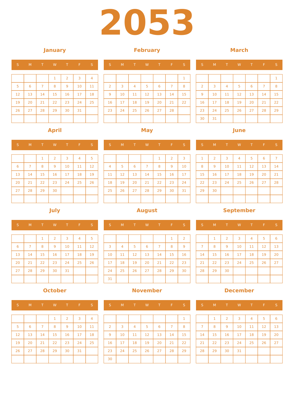 Printable 2053 Year Calendars orange