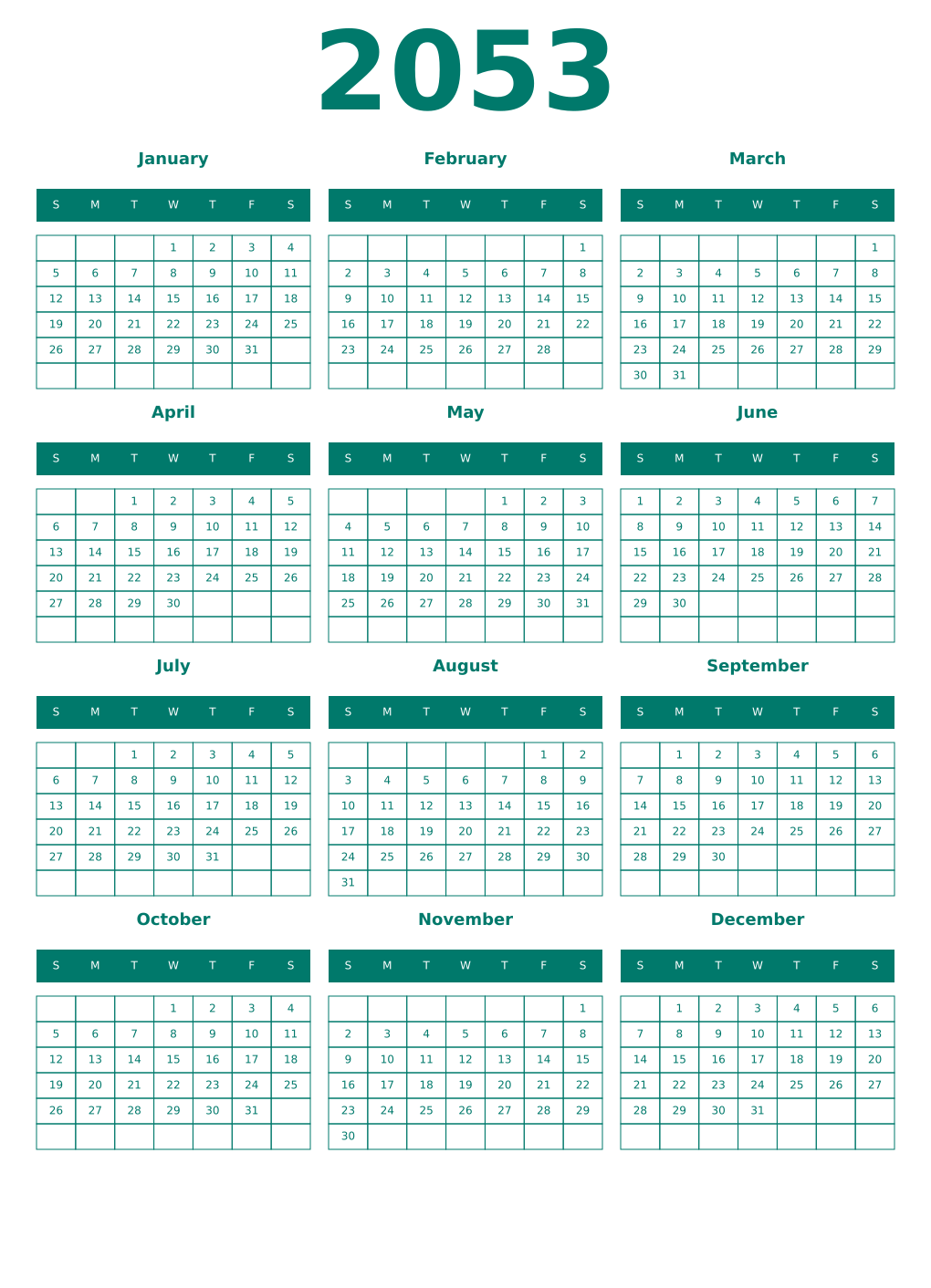 Printable 2053 Year Calendars pastel