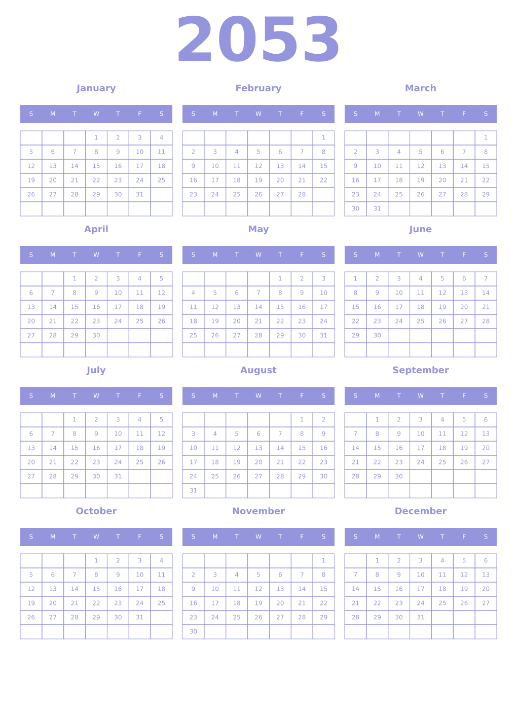 Printable 2053 Year Calendars periwinkle