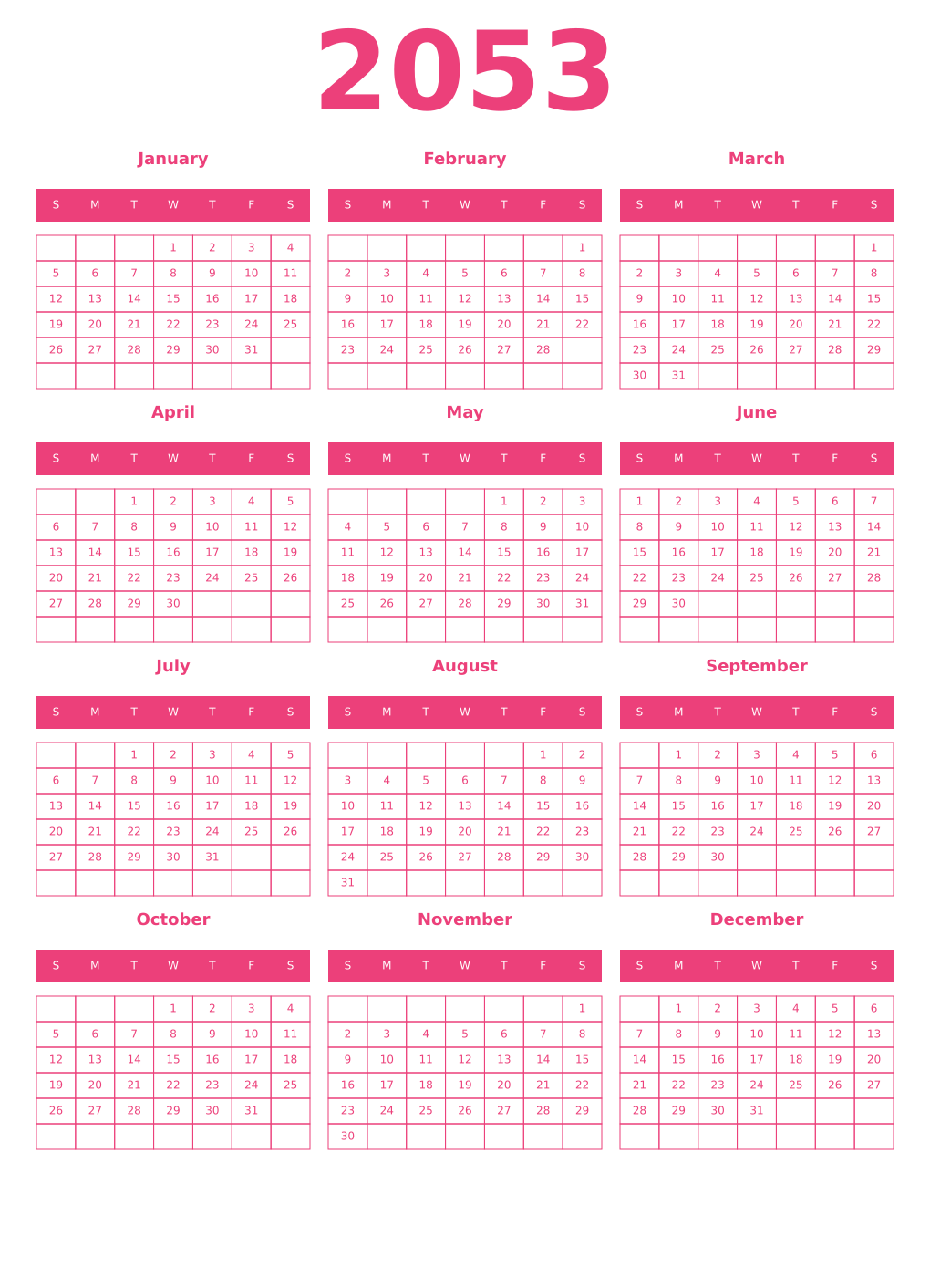 Printable 2053 Year Calendars pink