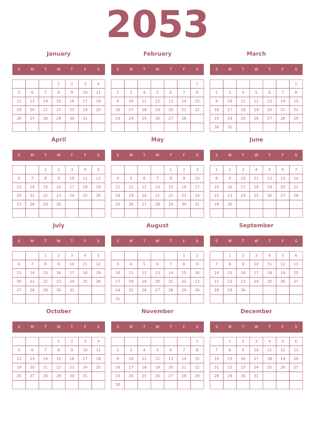 Printable 2053 Year Calendars puce