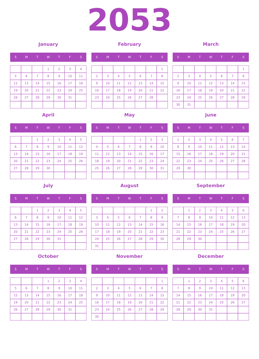 Printable 2053 Year Calendars purple