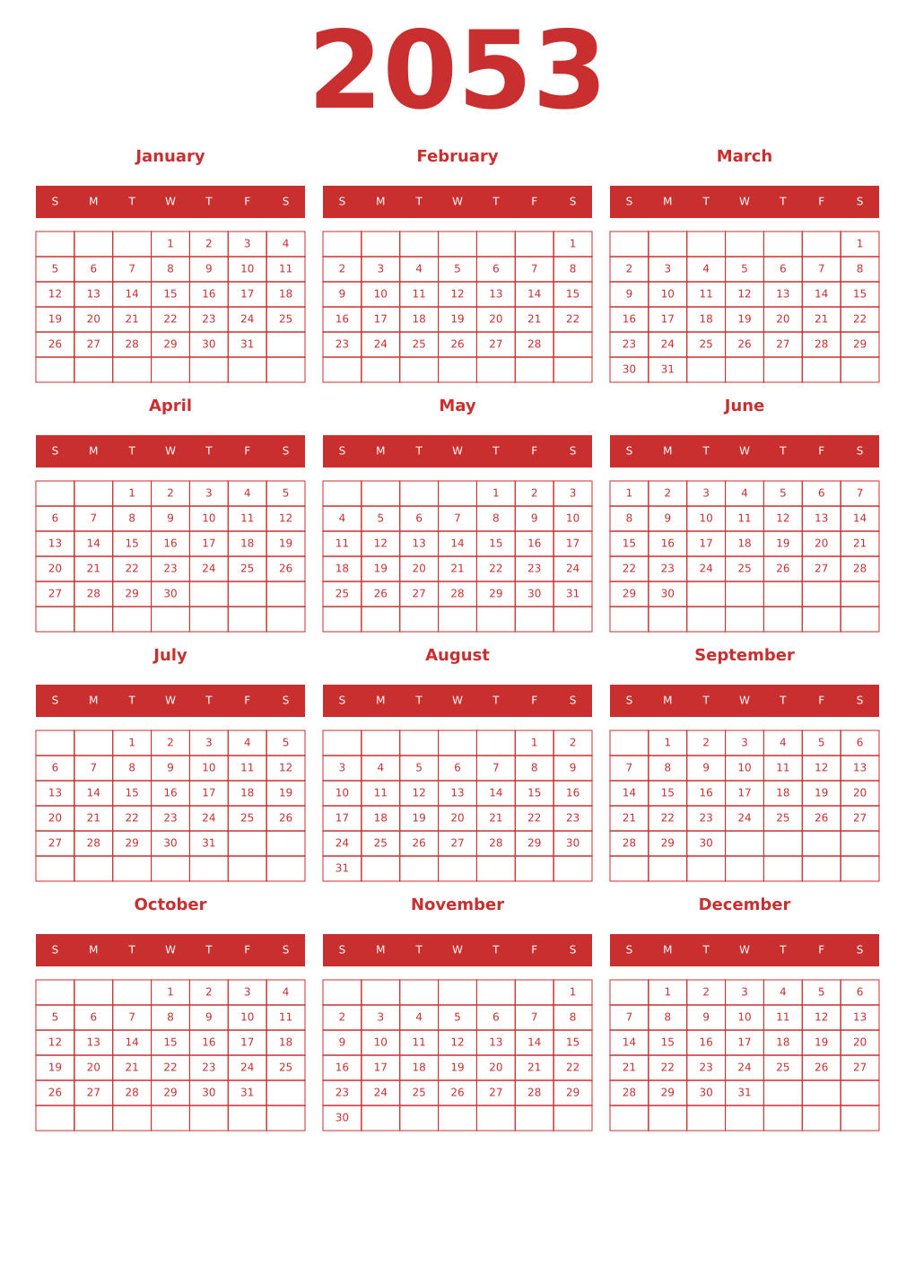 Printable 2053 Year Calendars red