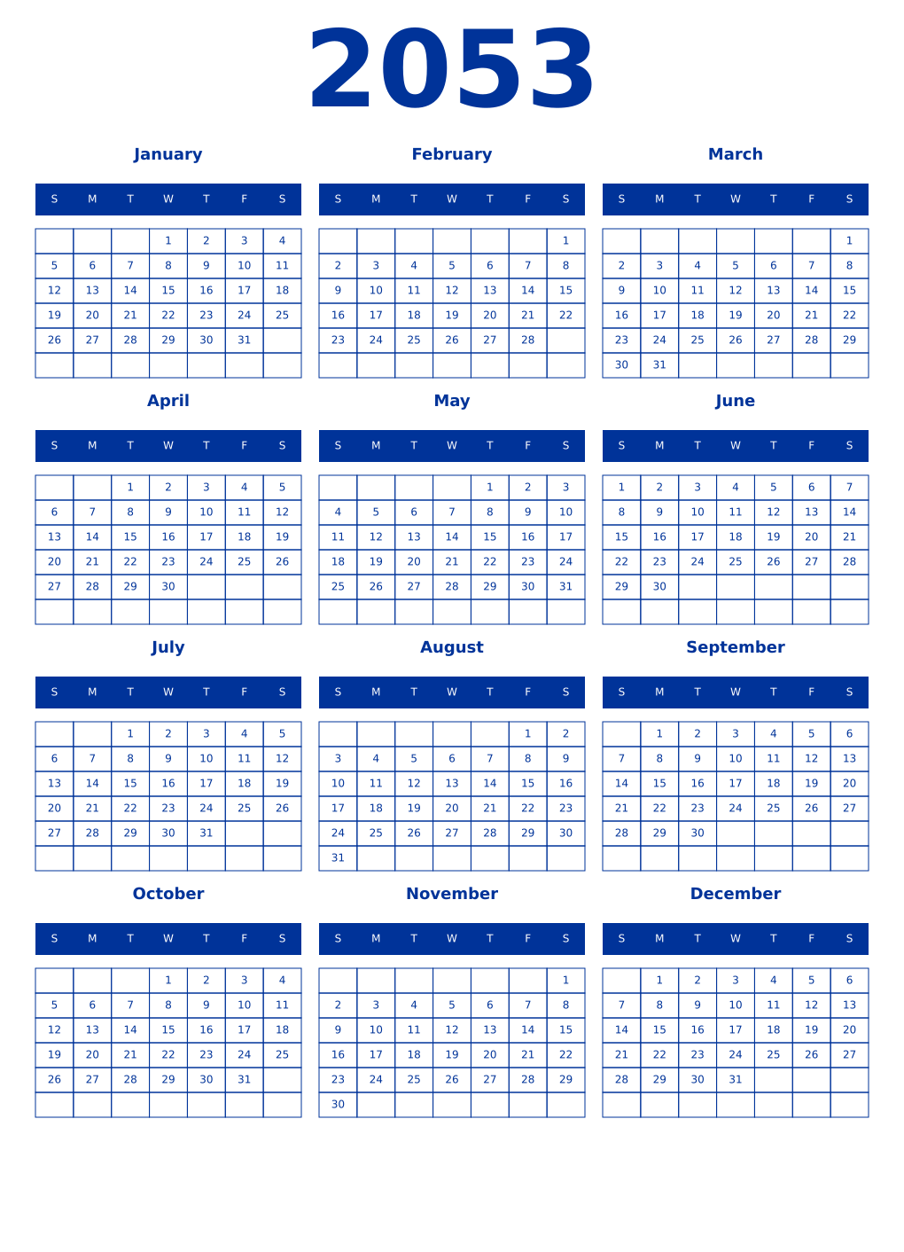 Printable 2053 Year Calendars smalt