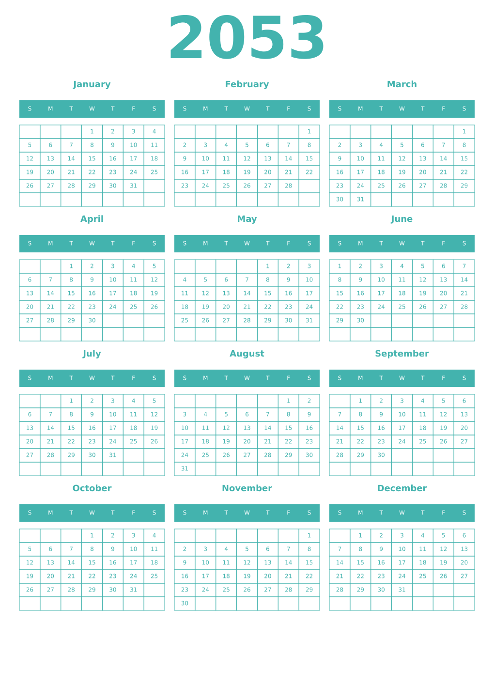 Printable 2053 Year Calendars verdigris
