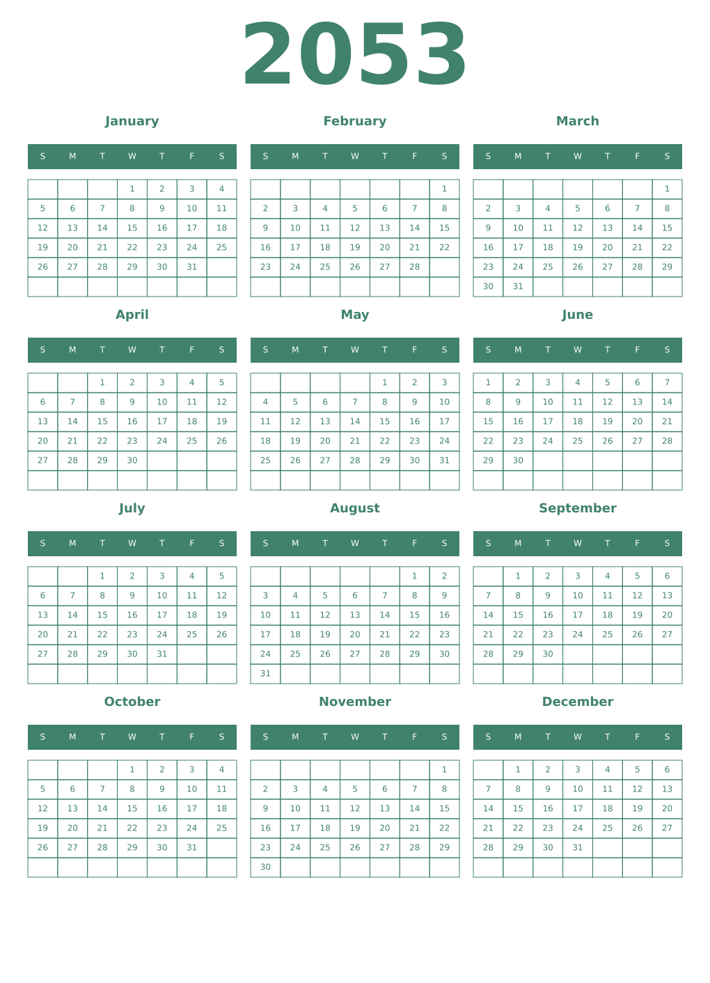 Printable 2053 Year Calendars viridian