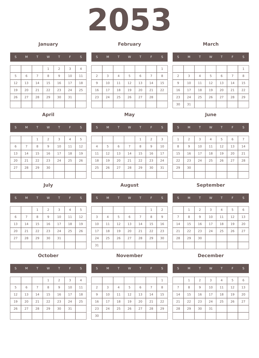 Printable 2053 Year Calendars wenge