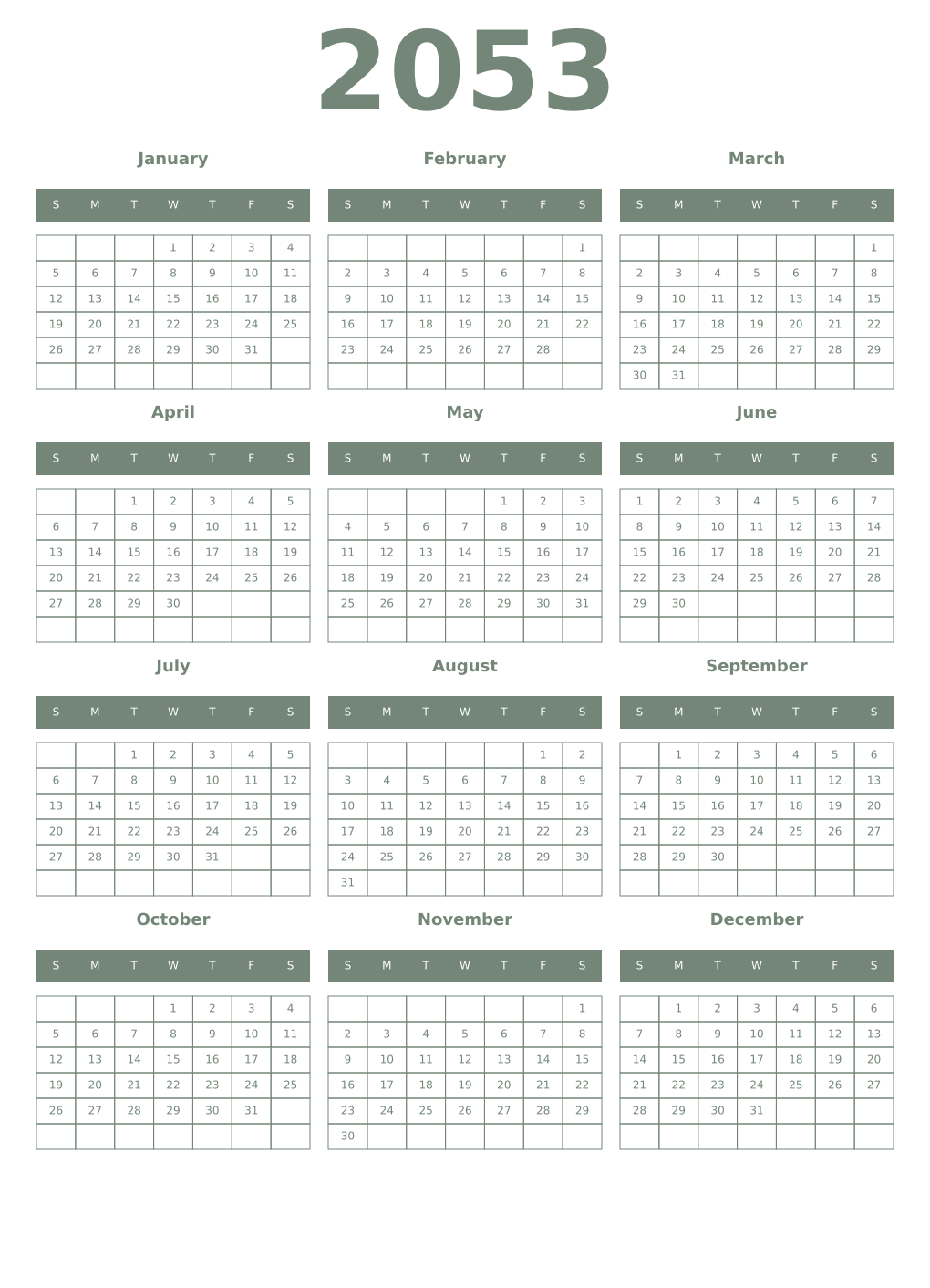 Printable 2053 Year Calendars xanadu
