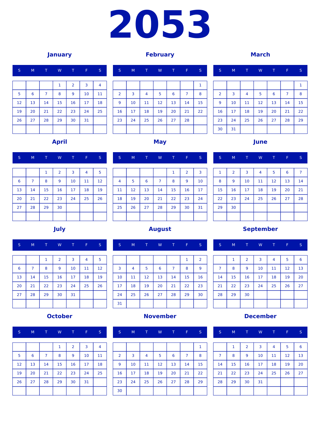 Printable 2053 Year Calendars zaffre