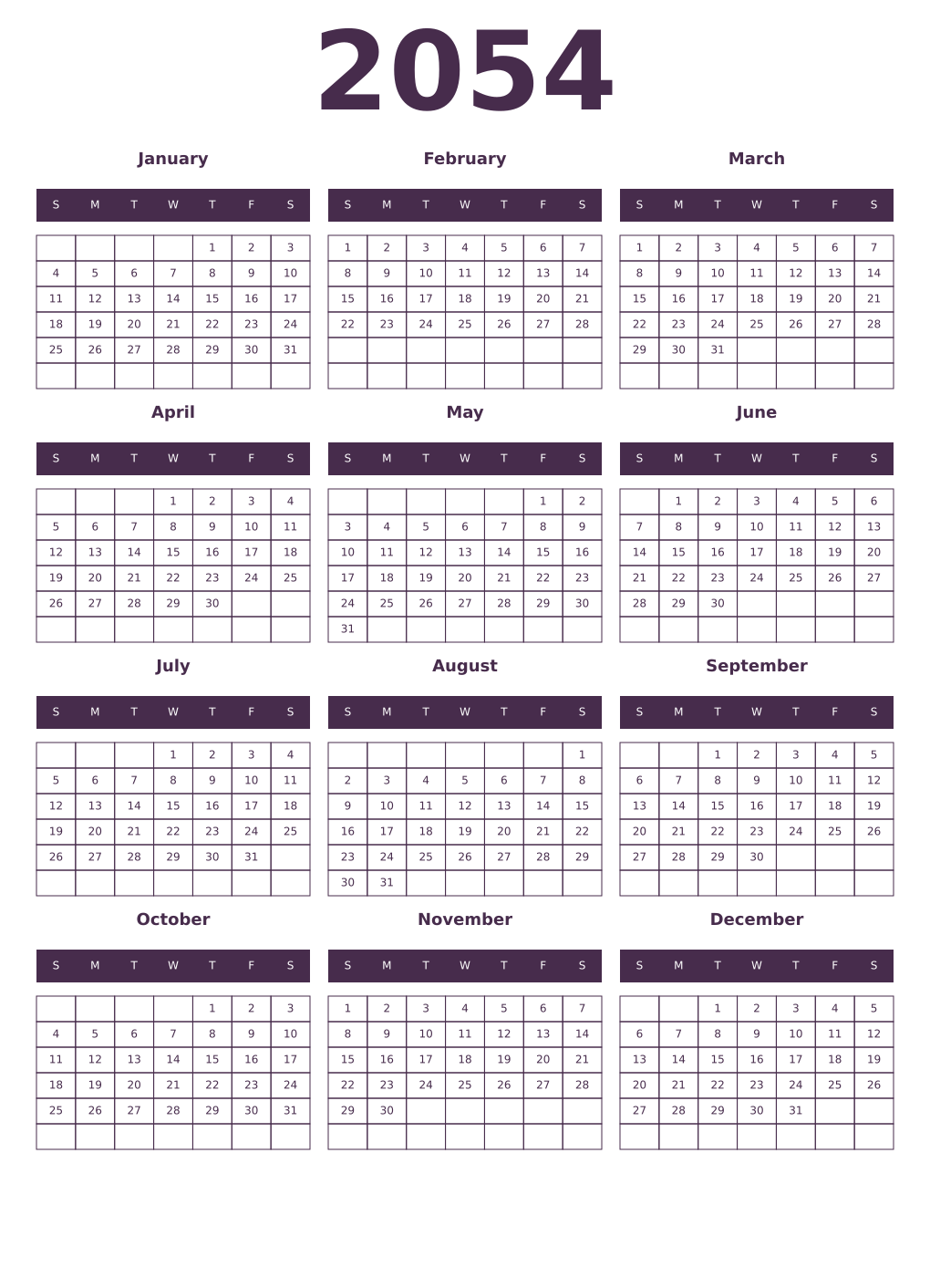 Printable 2054 Year Calendars aubergine