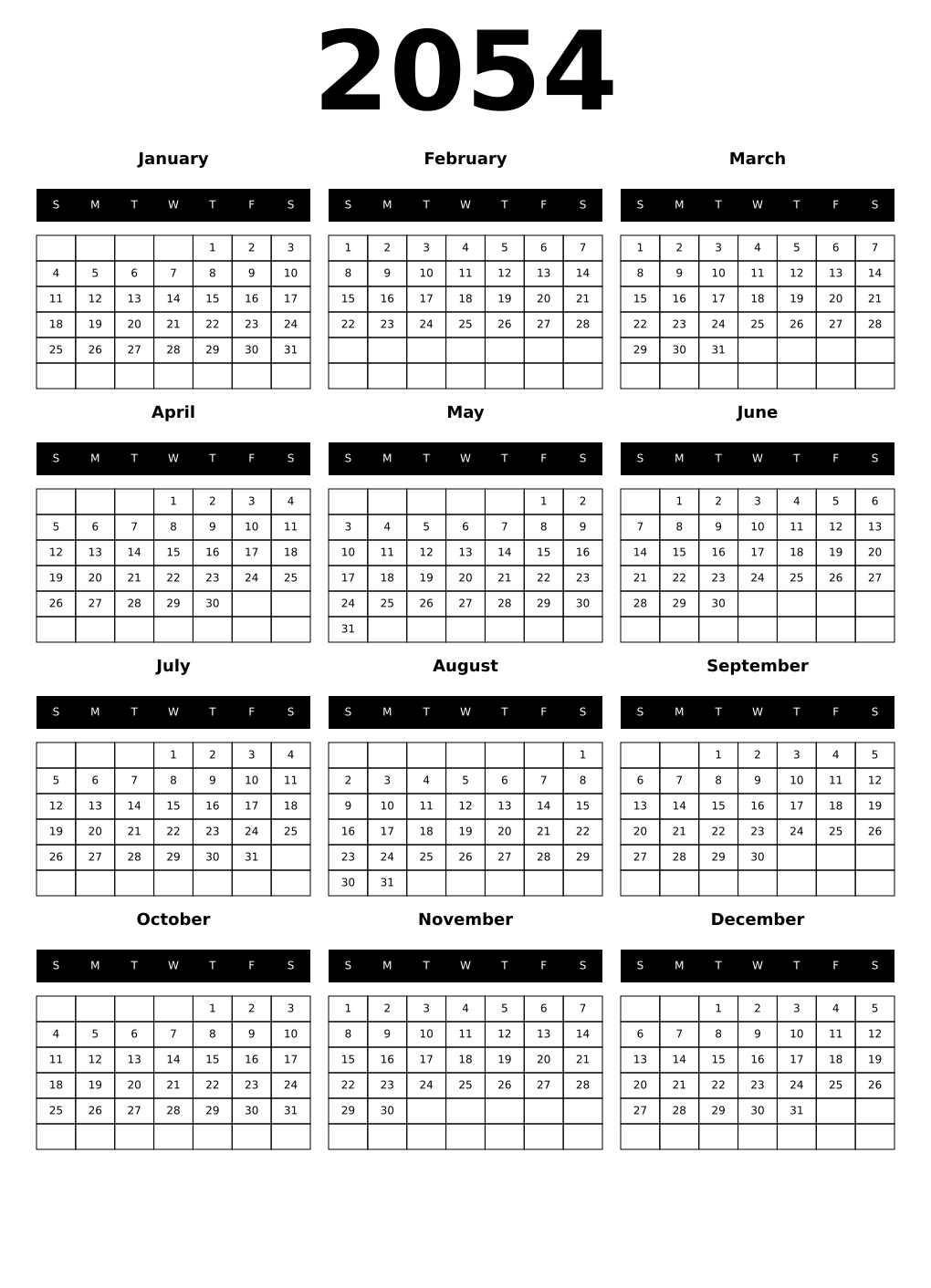 Printable 2054 Year Calendars black