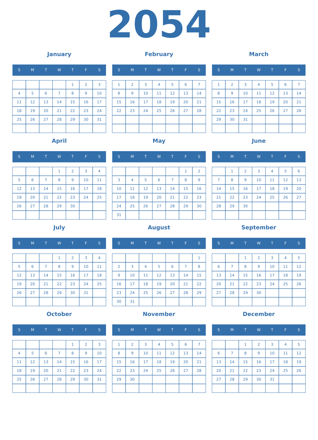 Printable 2054 Year Calendars blue