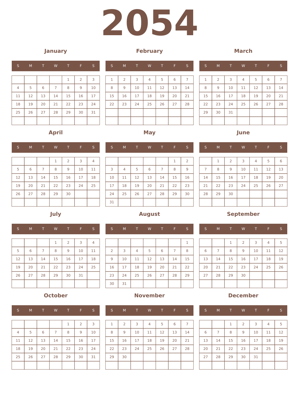 Printable 2054 Year Calendars coffe