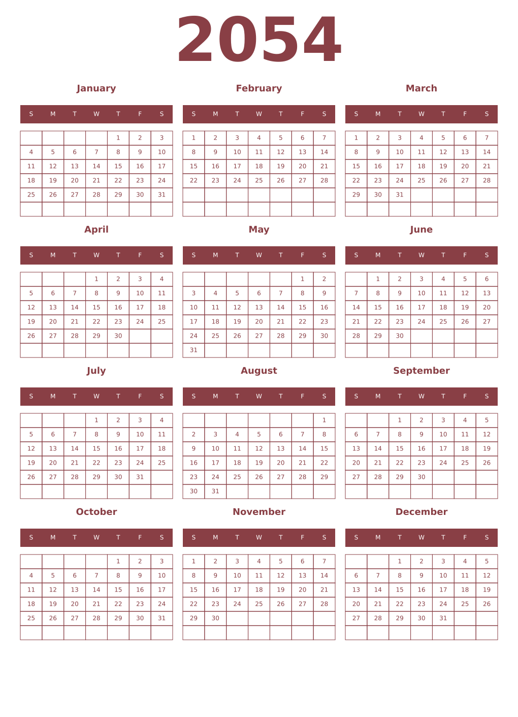 Printable 2054 Year Calendars cordovan