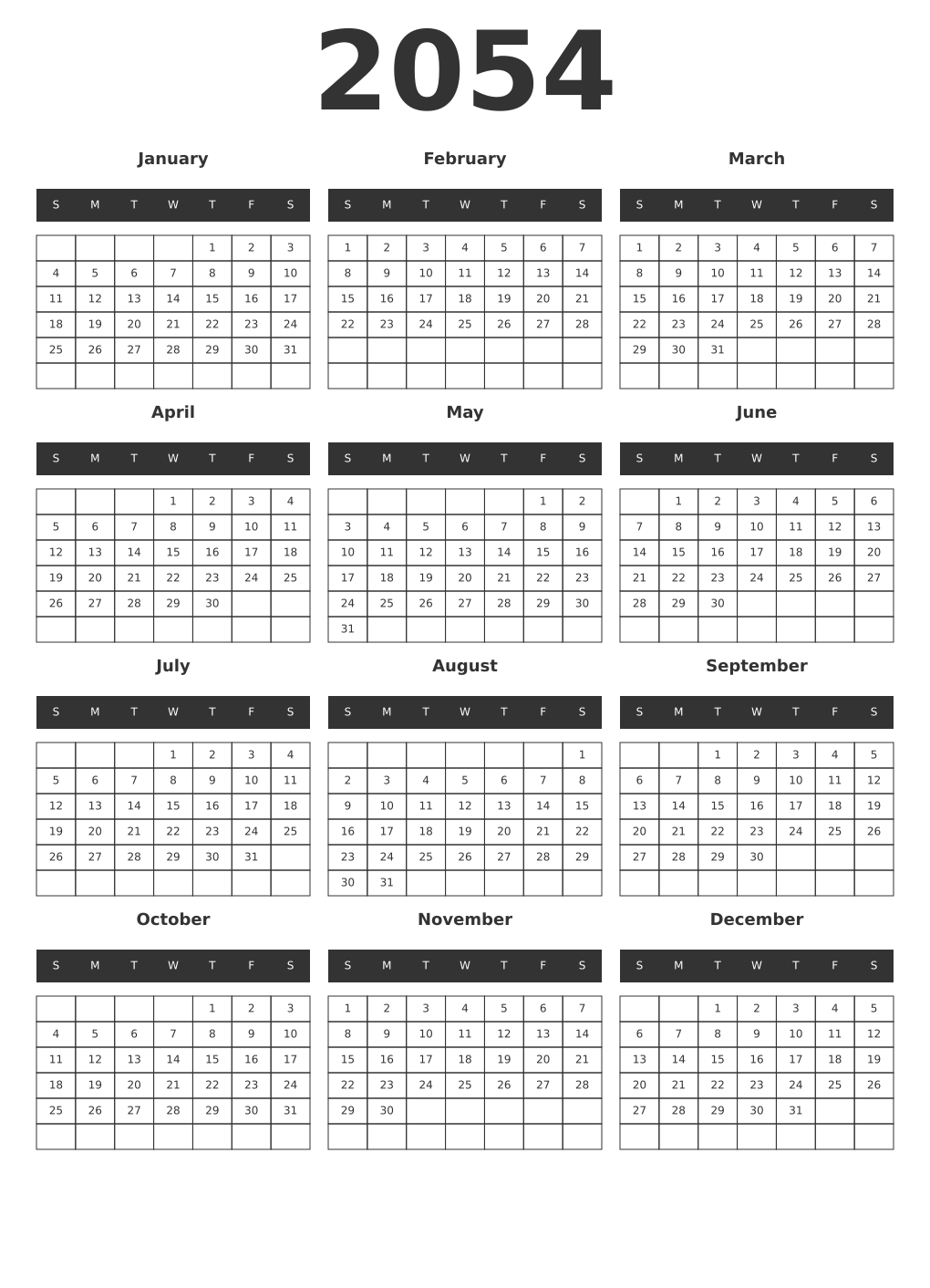 Printable 2054 Year Calendars dark