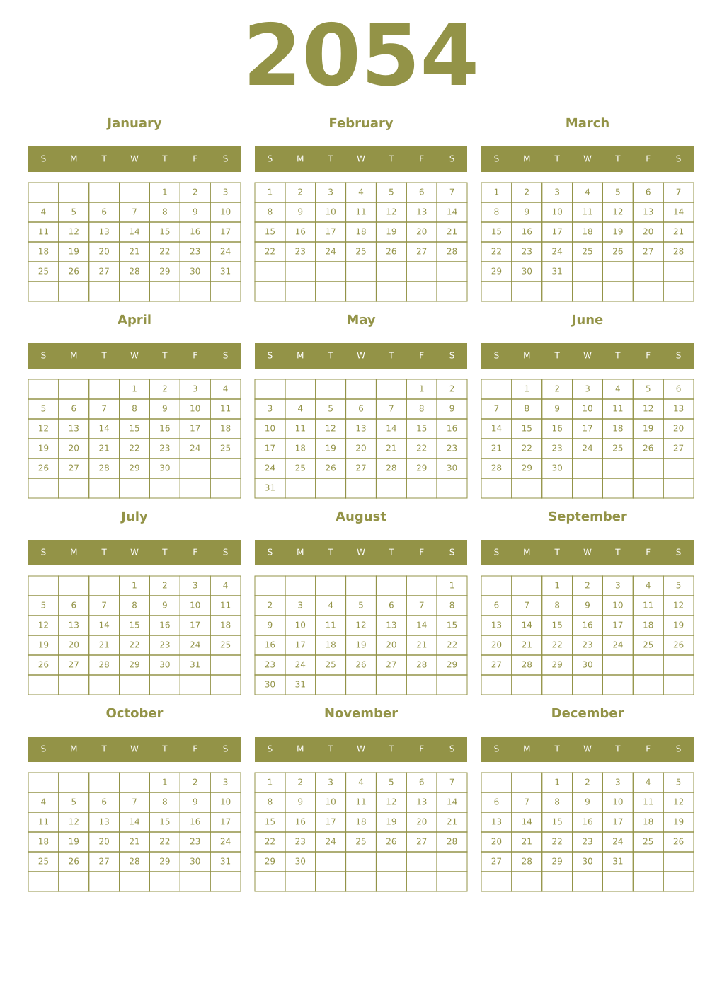 Printable 2054 Year Calendars eburnean