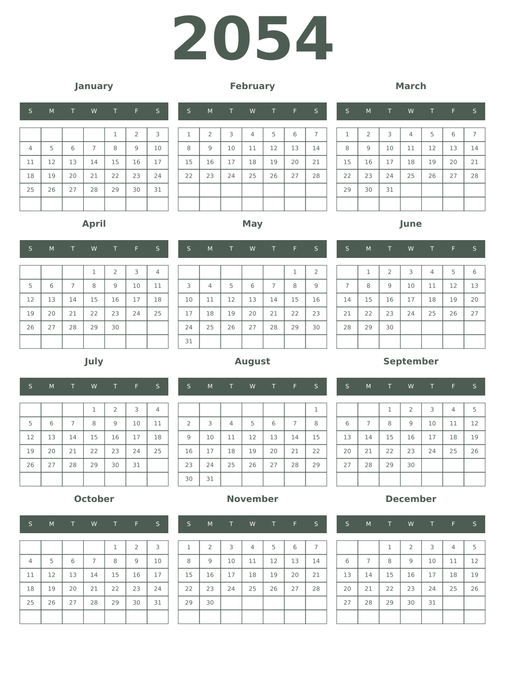 Printable 2054 Year Calendars feldgrau