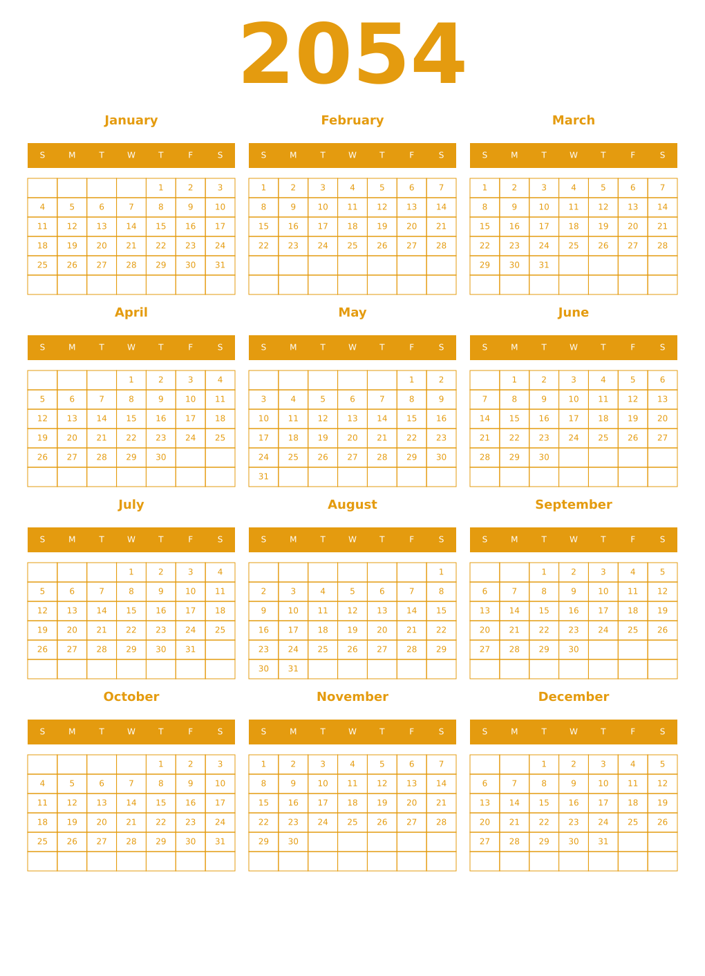 Printable 2054 Year Calendars gamboge
