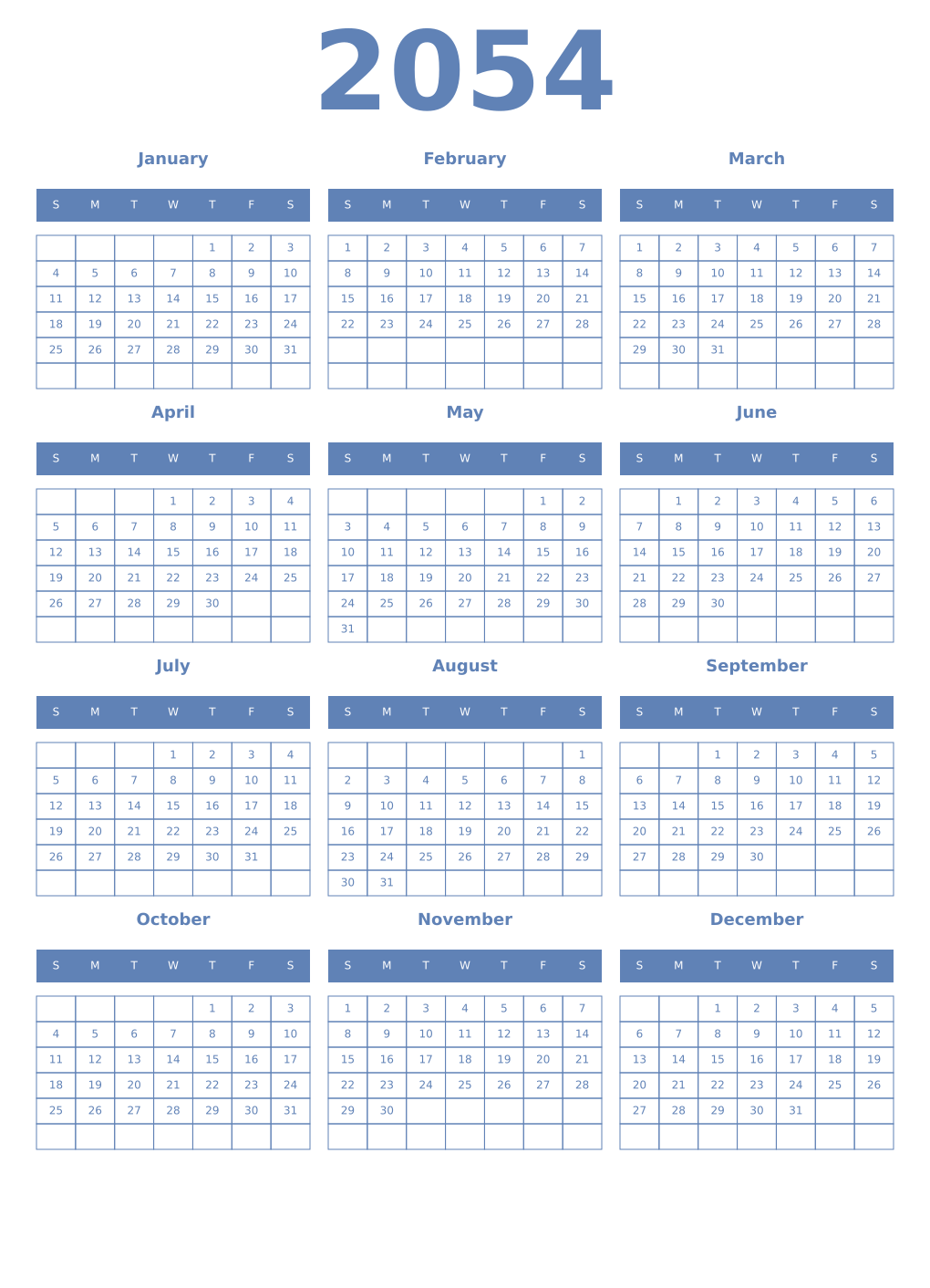 Printable 2054 Year Calendars glaucous