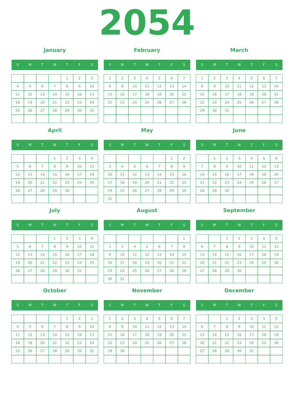 Printable 2054 Year Calendars green
