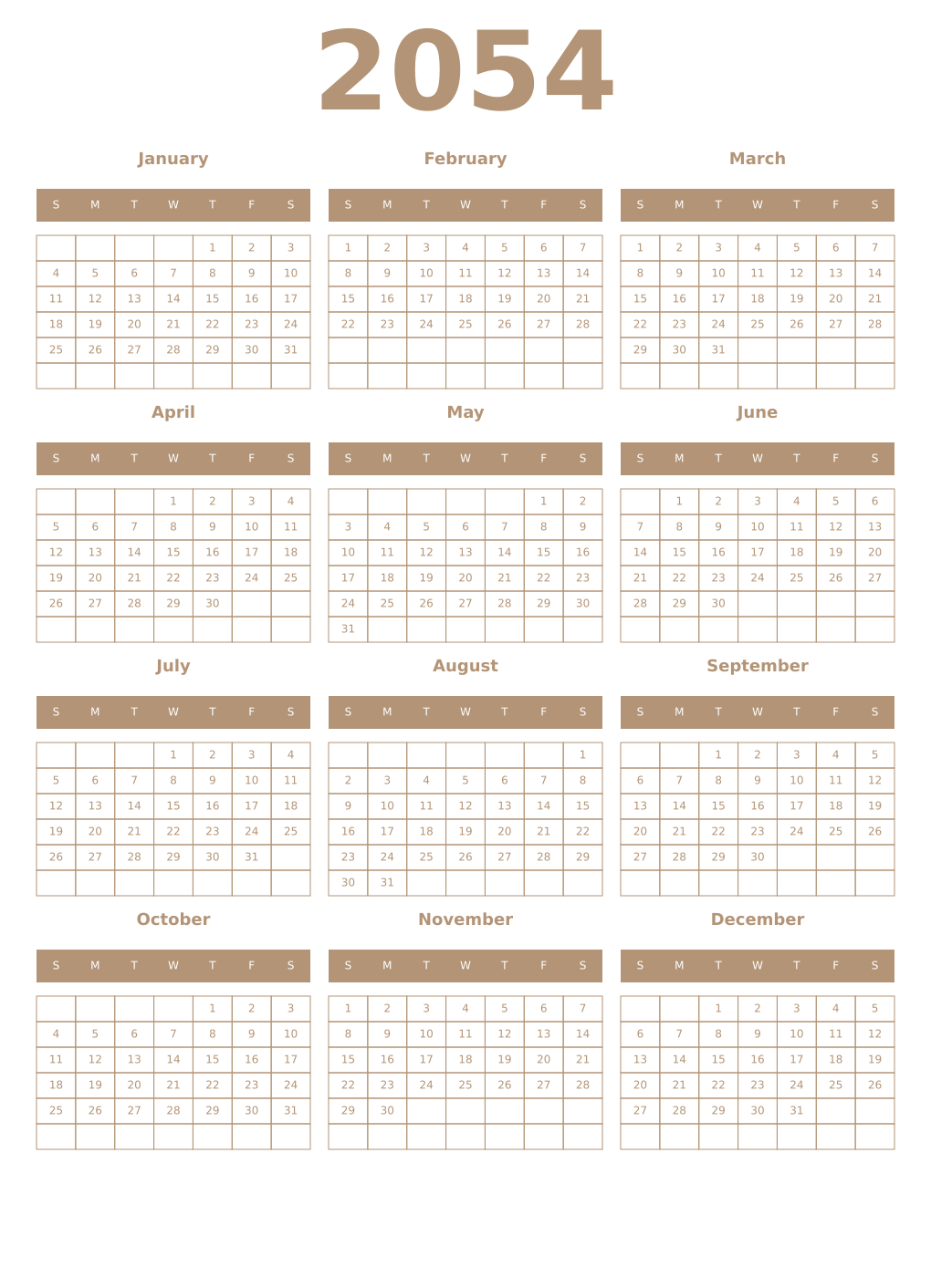 Printable 2054 Year Calendars isabelline