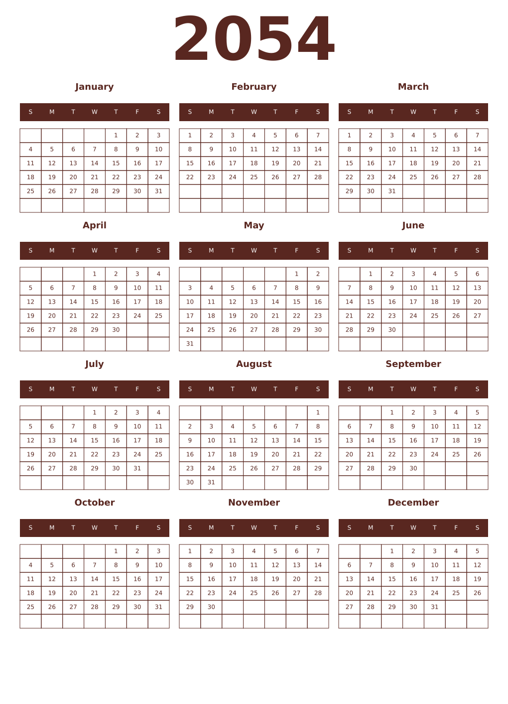 Printable 2054 Year Calendars mortuum