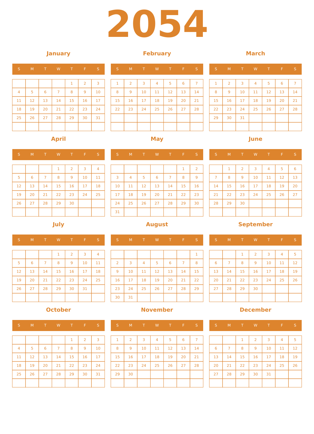 Printable 2054 Year Calendars orange