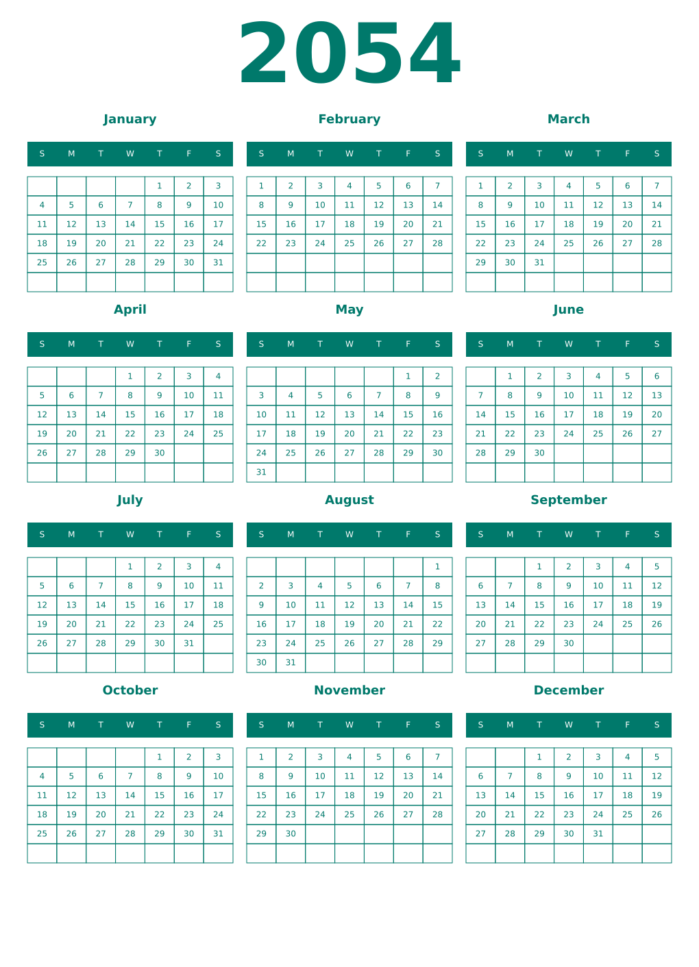 Printable 2054 Year Calendars pastel