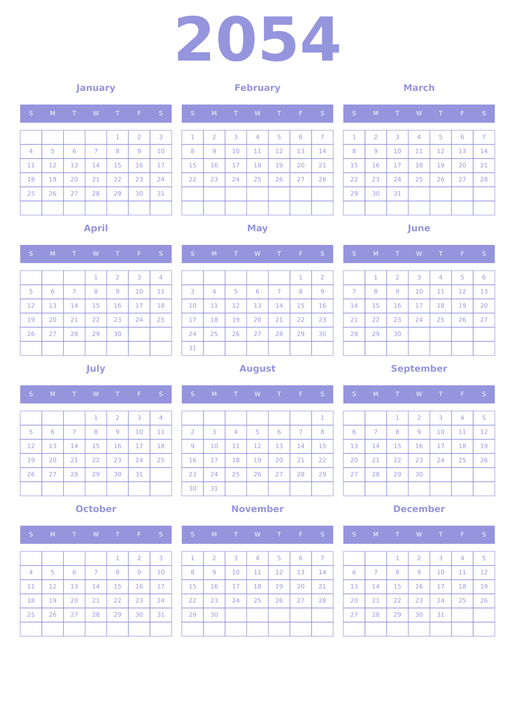 Printable 2054 Year Calendars periwinkle