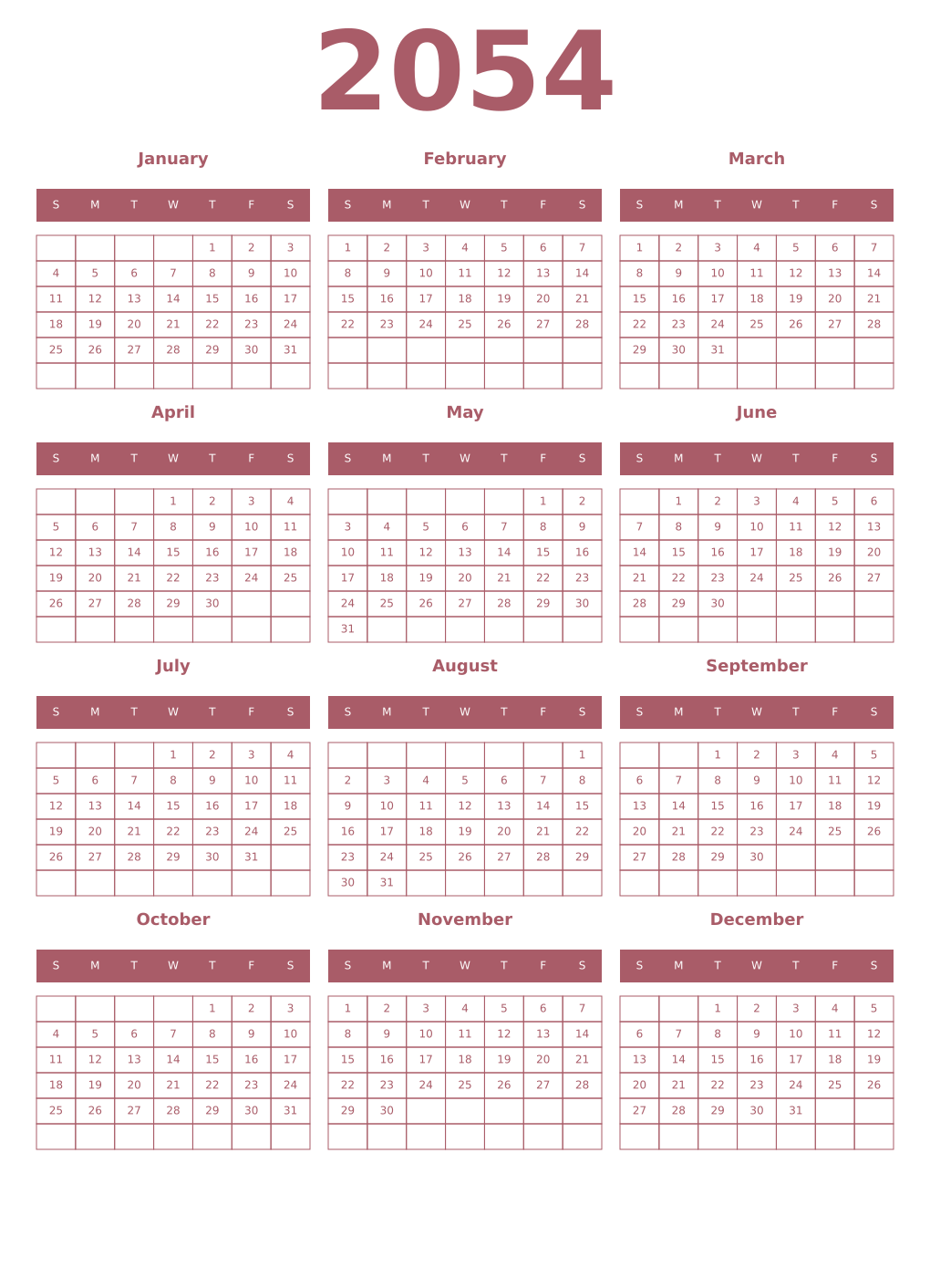 Printable 2054 Year Calendars puce