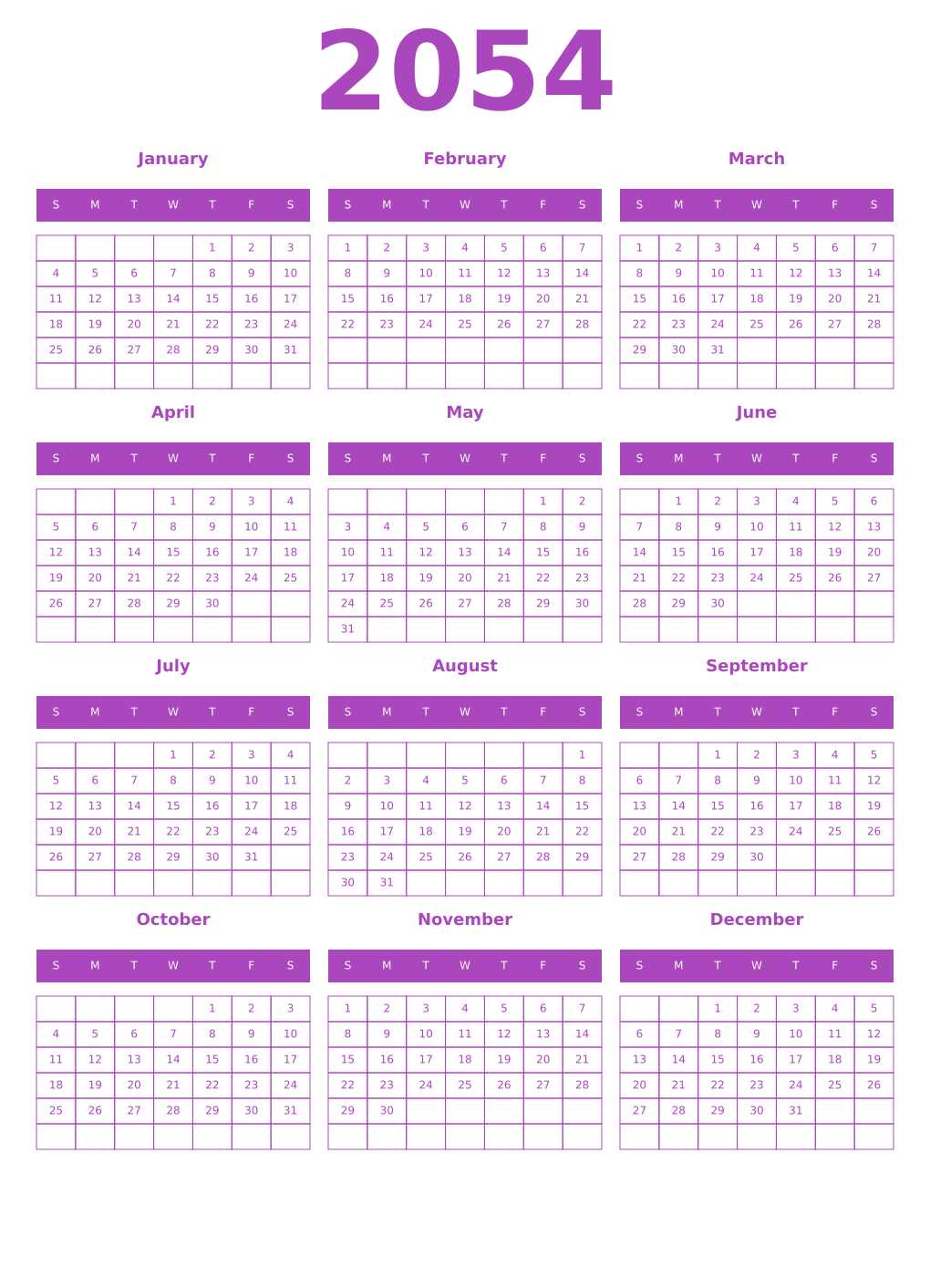 Printable 2054 Year Calendars purple