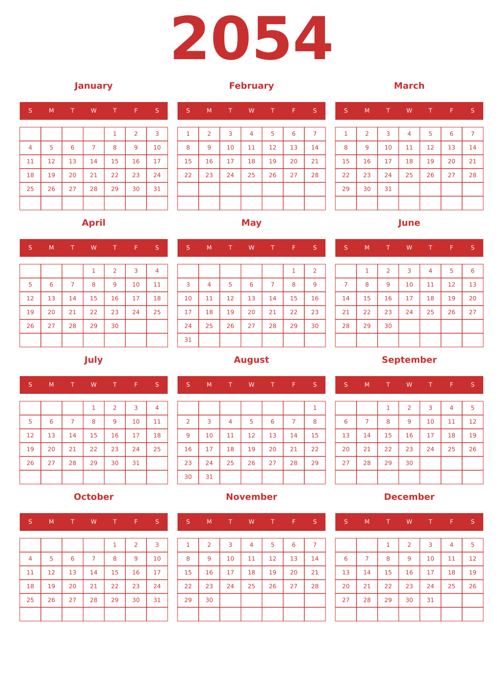 Printable 2054 Year Calendars red