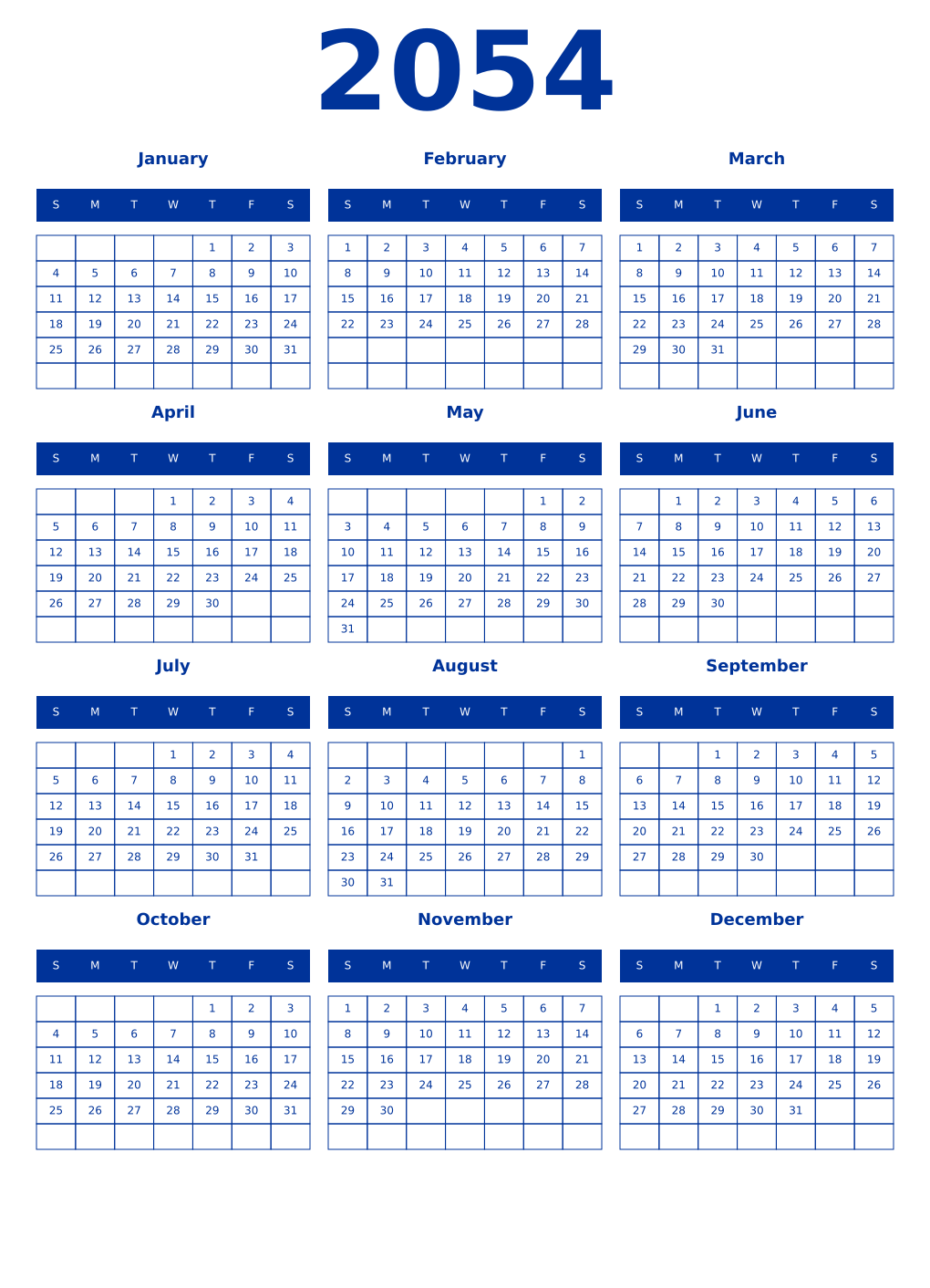 Printable 2054 Year Calendars smalt