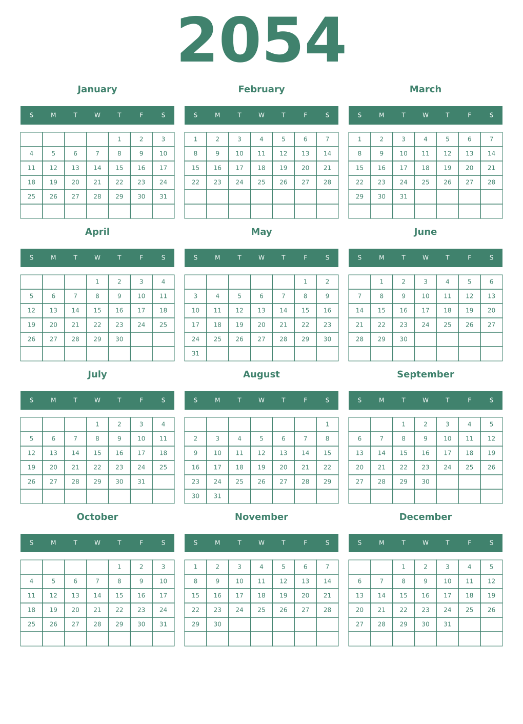 Printable 2054 Year Calendars viridian