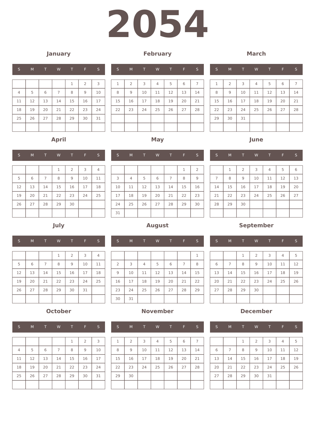 Printable 2054 Year Calendars wenge
