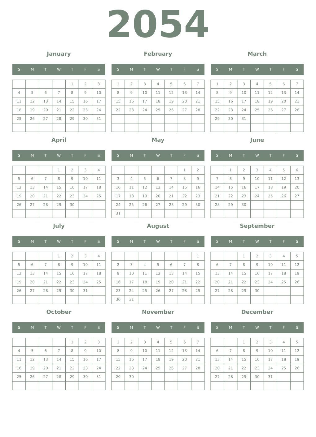 Printable 2054 Year Calendars xanadu