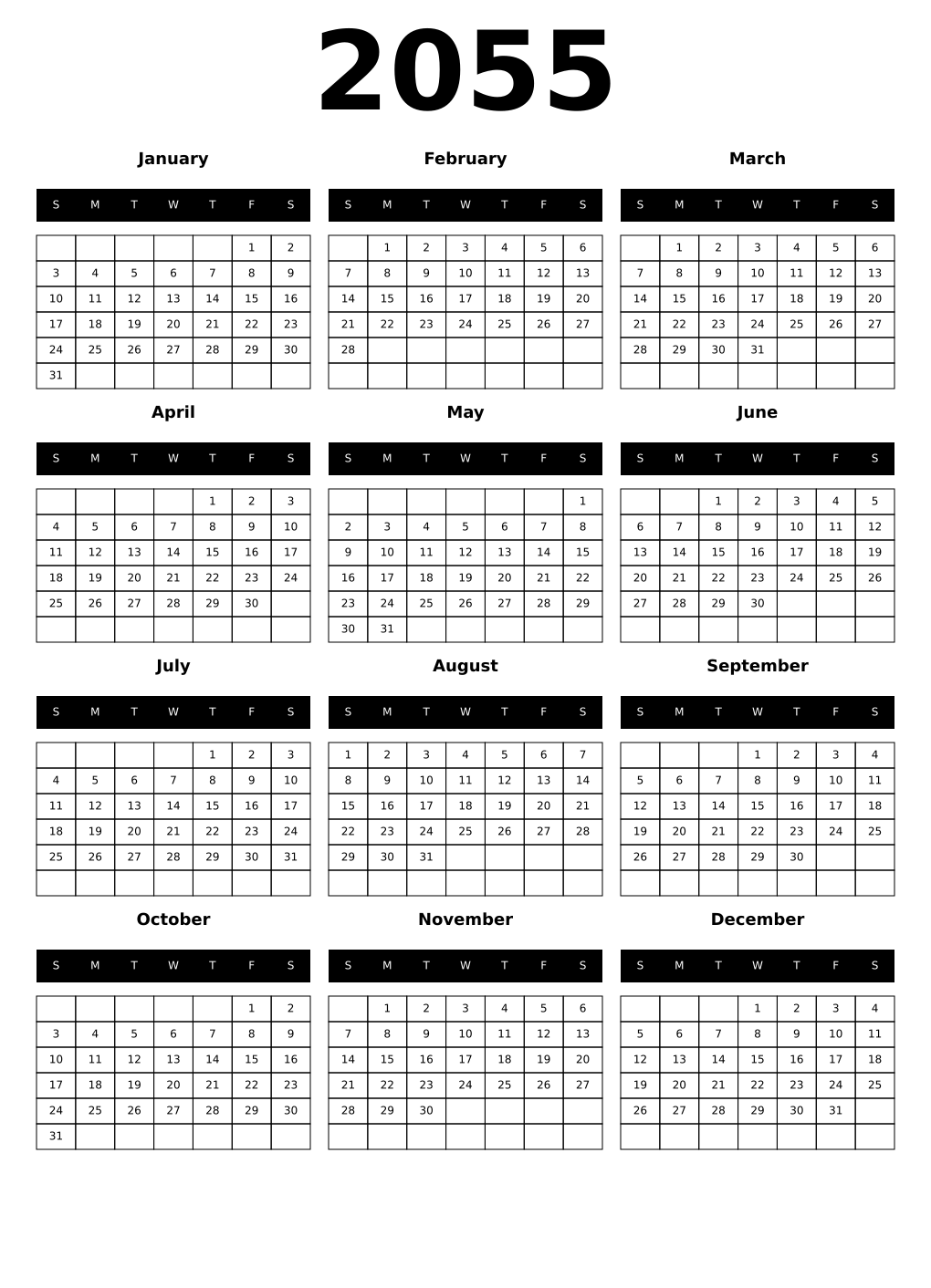 Printable 2055 Year Calendars black
