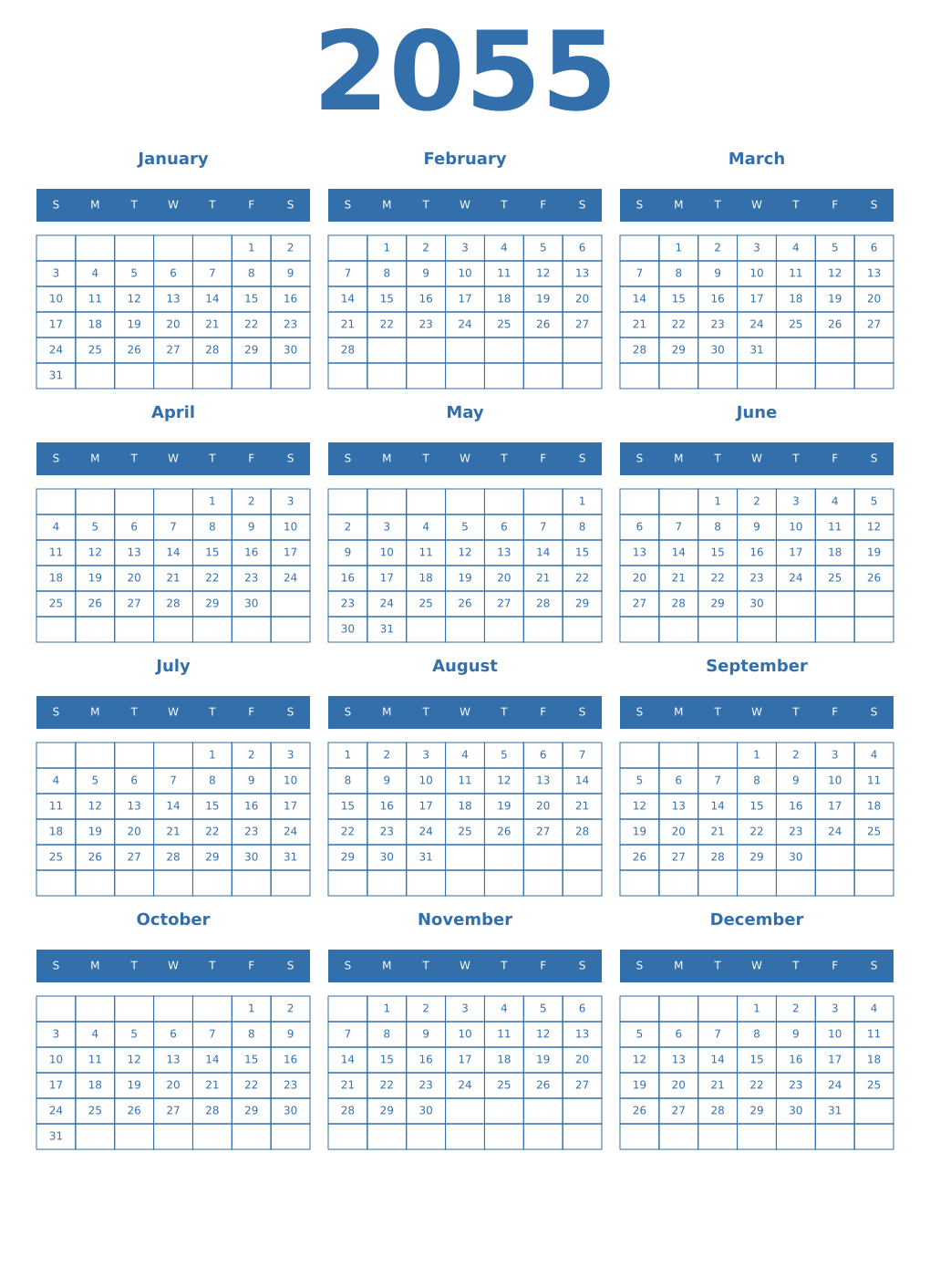 Printable 2055 Year Calendars blue