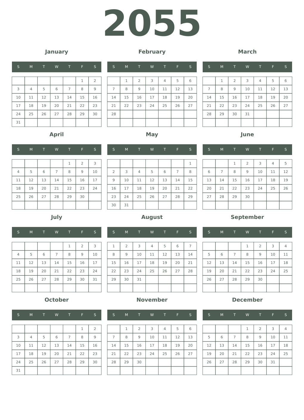 Printable 2055 Year Calendars feldgrau